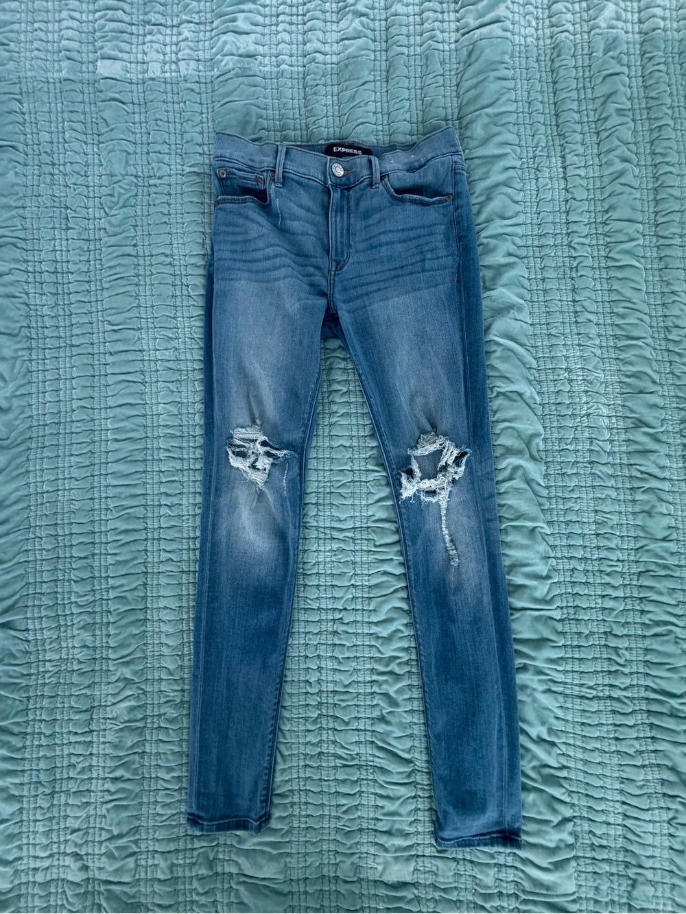 Express Women's Skinny Jeans in Medium Blue with Knee Rips-8R